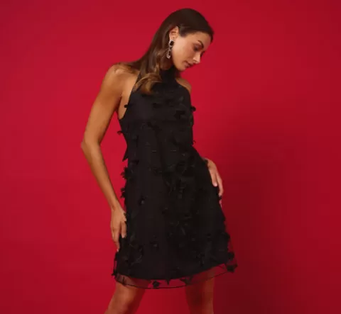 Adrianna Papell 3D Floral Embroidered Trapeze Dress With Open Bow Back In BLACK Cheap