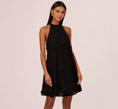 Adrianna Papell 3D Floral Embroidered Trapeze Dress With Open Bow Back In BLACK Cheap