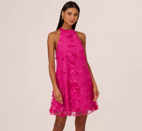 Adrianna Papell 3D Floral Embroidered Trapeze Dress With Open Bow Back In Cosmo Pink COSMOPINK Sale