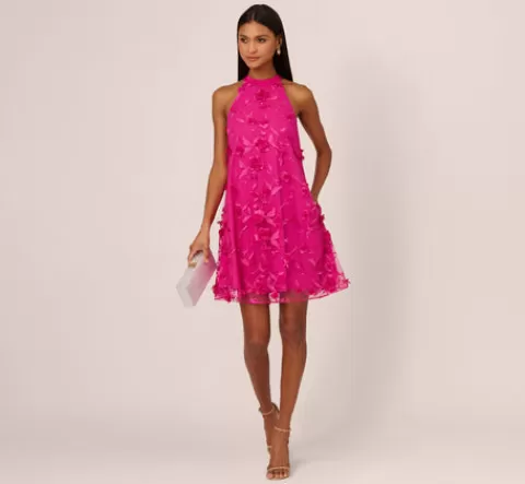 Adrianna Papell 3D Floral Embroidered Trapeze Dress With Open Bow Back In Cosmo Pink COSMOPINK Sale