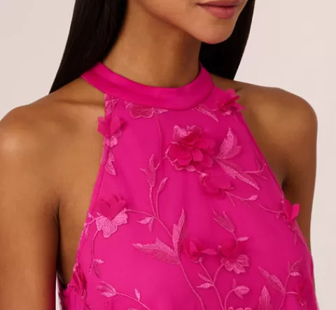 Adrianna Papell 3D Floral Embroidered Trapeze Dress With Open Bow Back In Cosmo Pink COSMOPINK Sale