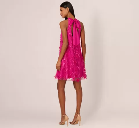 Adrianna Papell 3D Floral Embroidered Trapeze Dress With Open Bow Back In Cosmo Pink COSMOPINK Sale