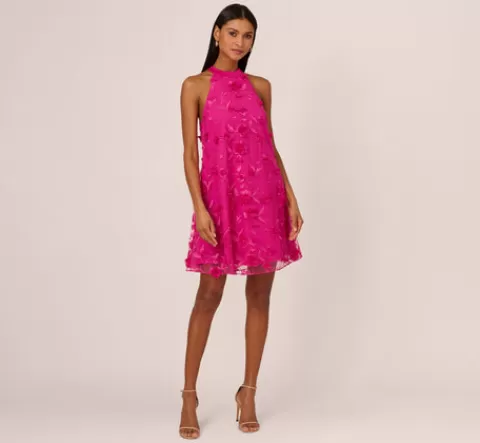 Adrianna Papell 3D Floral Embroidered Trapeze Dress With Open Bow Back In Cosmo Pink COSMOPINK Sale