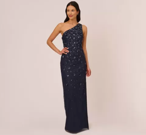 Adrianna Papell 3D Floral Hand-Beaded One-Shoulder Long Column Gown In Dusty Navy DUSTYNAVY Hot