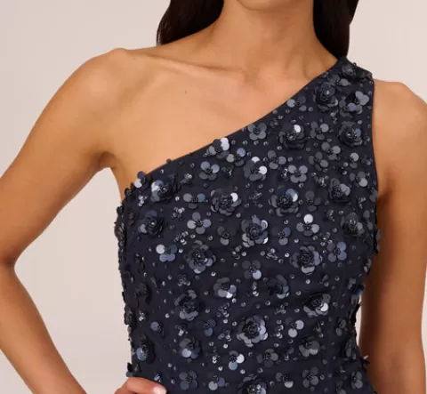 Adrianna Papell 3D Floral Hand-Beaded One-Shoulder Long Column Gown In Dusty Navy DUSTYNAVY Hot