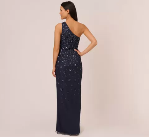 Adrianna Papell 3D Floral Hand-Beaded One-Shoulder Long Column Gown In Dusty Navy DUSTYNAVY Hot