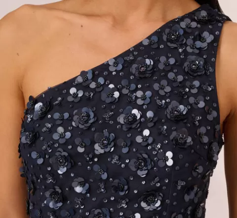 Adrianna Papell 3D Floral Hand-Beaded One-Shoulder Long Column Gown In Dusty Navy DUSTYNAVY Hot