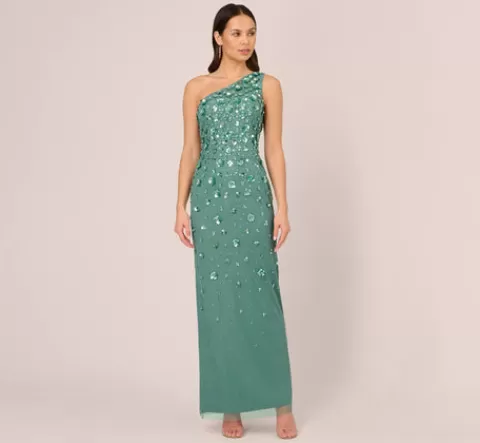 Adrianna Papell 3D Floral Hand-Beaded One-Shoulder Long Column Gown In Green Slate GREENSLATE Store