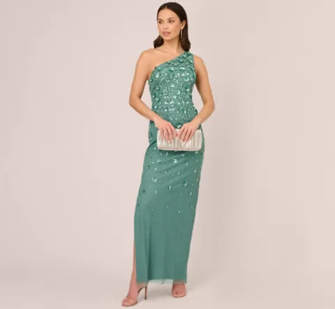 Adrianna Papell 3D Floral Hand-Beaded One-Shoulder Long Column Gown In Green Slate GREENSLATE Store