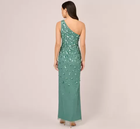 Adrianna Papell 3D Floral Hand-Beaded One-Shoulder Long Column Gown In Green Slate GREENSLATE Store