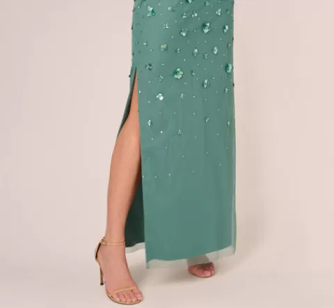 Adrianna Papell 3D Floral Hand-Beaded One-Shoulder Long Column Gown In Green Slate GREENSLATE Store