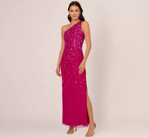 Adrianna Papell 3D Floral Hand-Beaded One-Shoulder Long Column Gown In Hot Orchid HOTORCHID Hot