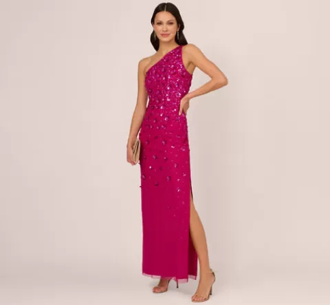 Adrianna Papell 3D Floral Hand-Beaded One-Shoulder Long Column Gown In Hot Orchid HOTORCHID Hot