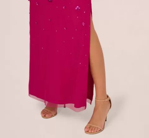 Adrianna Papell 3D Floral Hand-Beaded One-Shoulder Long Column Gown In Hot Orchid HOTORCHID Hot