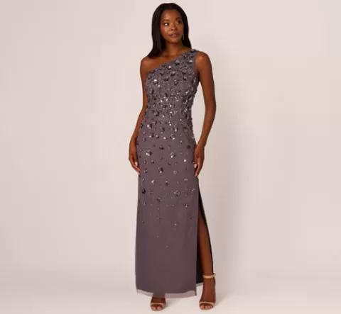 Adrianna Papell 3D Floral Hand-Beaded One-Shoulder Long Column Gown In MOONSCAPE Cheap