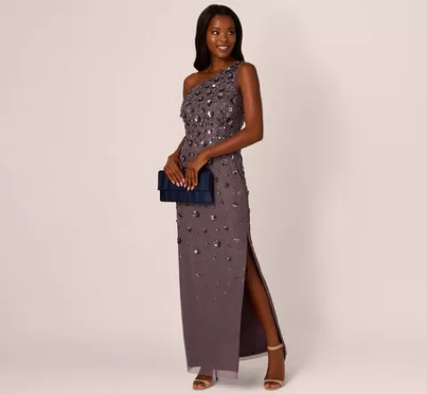 Adrianna Papell 3D Floral Hand-Beaded One-Shoulder Long Column Gown In MOONSCAPE Cheap