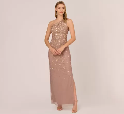 Adrianna Papell 3D Floral Hand-Beaded One-Shoulder Long Column Gown In STONE Flash Sale