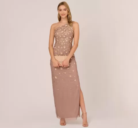 Adrianna Papell 3D Floral Hand-Beaded One-Shoulder Long Column Gown In STONE Flash Sale