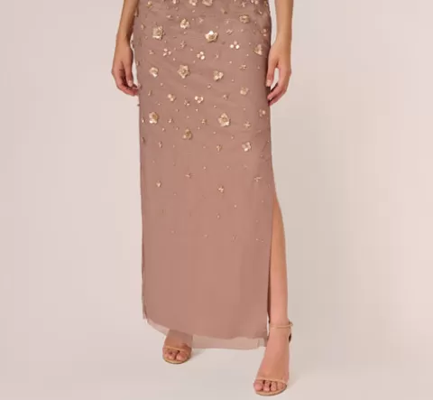 Adrianna Papell 3D Floral Hand-Beaded One-Shoulder Long Column Gown In STONE Flash Sale