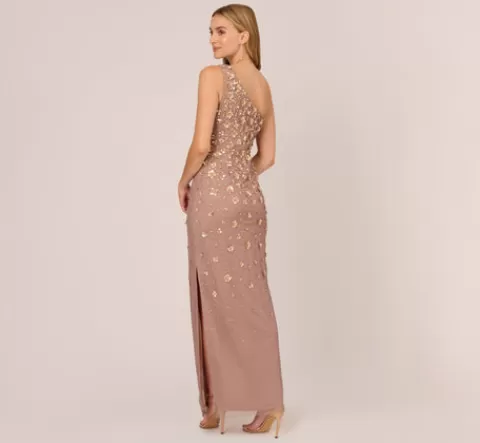 Adrianna Papell 3D Floral Hand-Beaded One-Shoulder Long Column Gown In STONE Flash Sale
