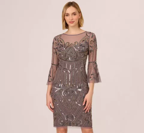 Adrianna Papell Deco Beaded Sheath Dress With Sheer Bell Sleeves In MOONSCAPE Outlet