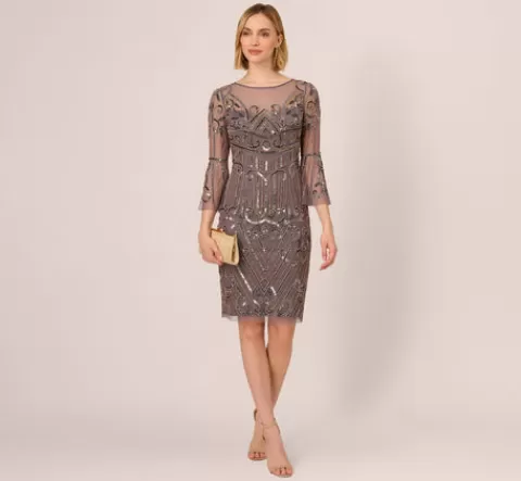 Adrianna Papell Deco Beaded Sheath Dress With Sheer Bell Sleeves In MOONSCAPE Outlet