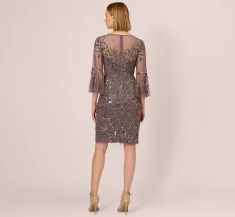 Adrianna Papell Deco Beaded Sheath Dress With Sheer Bell Sleeves In MOONSCAPE Outlet