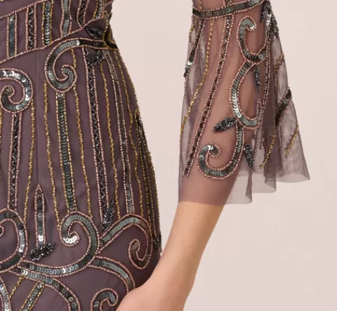 Adrianna Papell Deco Beaded Sheath Dress With Sheer Bell Sleeves In MOONSCAPE Outlet