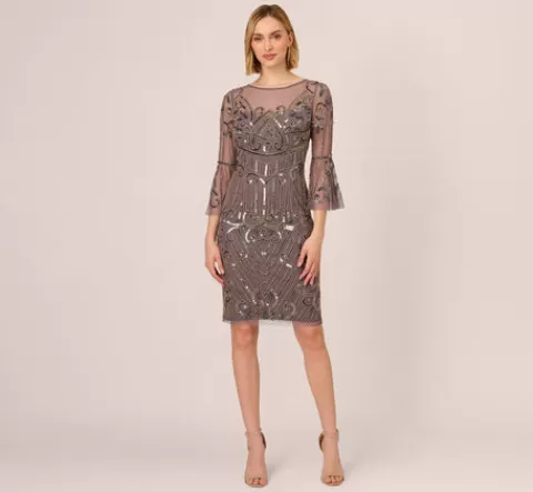 Adrianna Papell Deco Beaded Sheath Dress With Sheer Bell Sleeves In MOONSCAPE Outlet