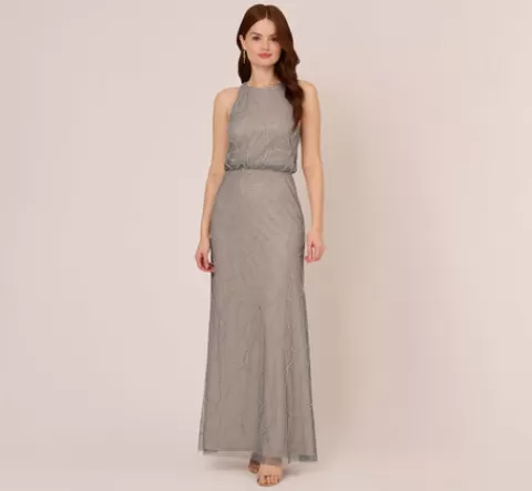 Adrianna Papell Deco Floral Beaded Blouson Gown With Halter Neckline In Pewter Silver PEWTER-SILVER Fashion