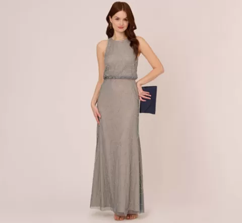Adrianna Papell Deco Floral Beaded Blouson Gown With Halter Neckline In Pewter Silver PEWTER-SILVER Fashion