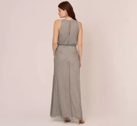 Adrianna Papell Deco Floral Beaded Blouson Gown With Halter Neckline In Pewter Silver PEWTER-SILVER Fashion