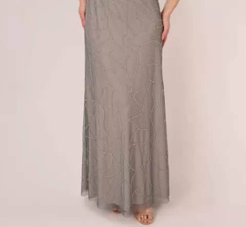 Adrianna Papell Deco Floral Beaded Blouson Gown With Halter Neckline In Pewter Silver PEWTER-SILVER Fashion