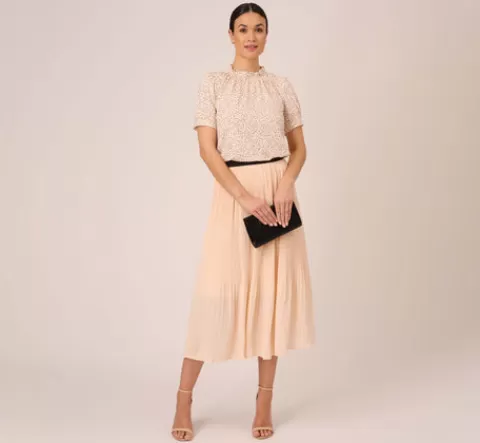 Adrianna Papell Dot Print Pleated Midi Skirt In Champagne Ivory Seed Dot CHAMPAGNE-IVORYSEEDDOT Outlet