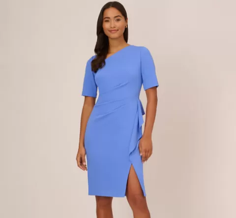 Adrianna Papell Draped Ruffle Crepe Dress With Short Sleeves In Precious Peri PRECIOUSPERI Cheap