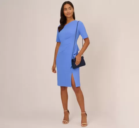 Adrianna Papell Draped Ruffle Crepe Dress With Short Sleeves In Precious Peri PRECIOUSPERI Cheap