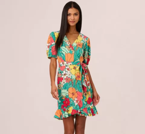Adrianna Papell Drawn Floral Print Faux Wrap Dress With Short Sleeves In Aqua Coral Multi AQUA-CORALMULTI Shop