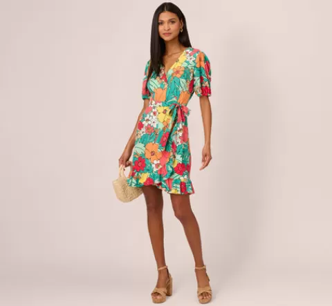 Adrianna Papell Drawn Floral Print Faux Wrap Dress With Short Sleeves In Aqua Coral Multi AQUA-CORALMULTI Shop