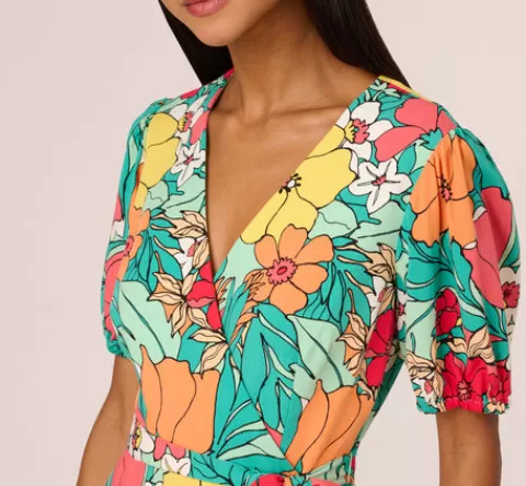 Adrianna Papell Drawn Floral Print Faux Wrap Dress With Short Sleeves In Aqua Coral Multi AQUA-CORALMULTI Shop