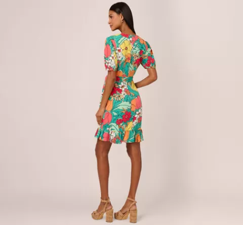 Adrianna Papell Drawn Floral Print Faux Wrap Dress With Short Sleeves In Aqua Coral Multi AQUA-CORALMULTI Shop