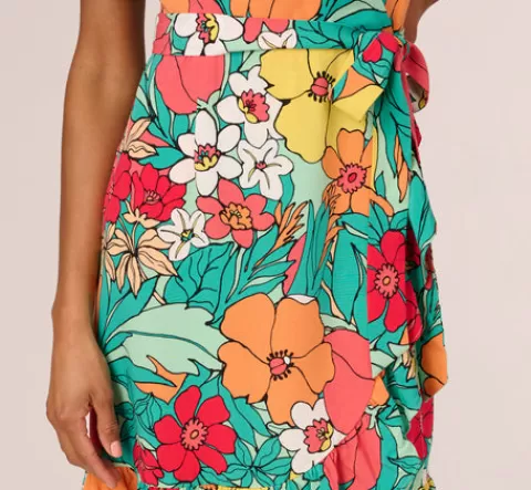 Adrianna Papell Drawn Floral Print Faux Wrap Dress With Short Sleeves In Aqua Coral Multi AQUA-CORALMULTI Shop