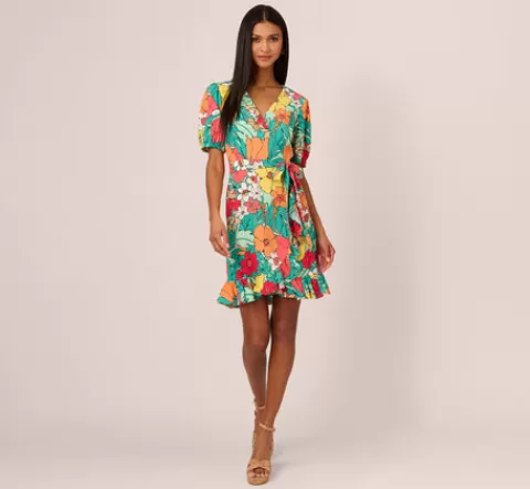 Adrianna Papell Drawn Floral Print Faux Wrap Dress With Short Sleeves In Aqua Coral Multi AQUA-CORALMULTI Shop