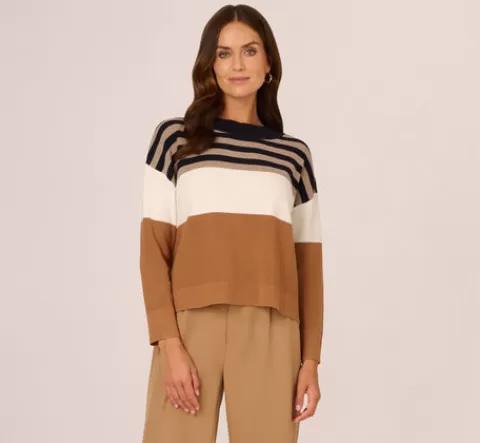 Adrianna Papell Drop Shoulder Boat Neck Color Blocked Sweater In Bluemoon Htdkoatmealblockmulti BLUEMOON-HTDKOATMEALBLOCKMULTI Fashion
