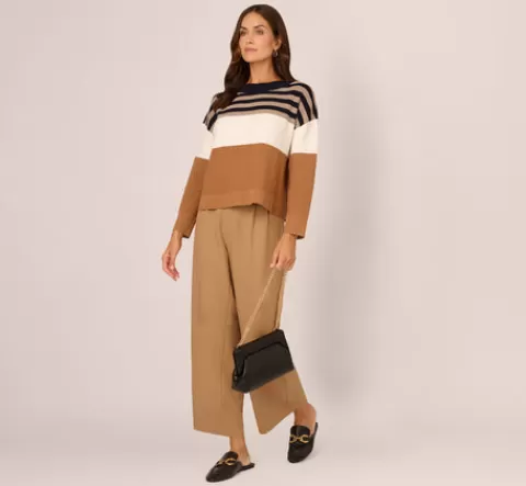 Adrianna Papell Drop Shoulder Boat Neck Color Blocked Sweater In Bluemoon Htdkoatmealblockmulti BLUEMOON-HTDKOATMEALBLOCKMULTI Fashion