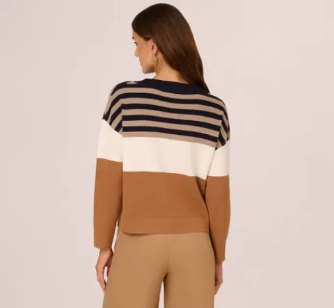 Adrianna Papell Drop Shoulder Boat Neck Color Blocked Sweater In Bluemoon Htdkoatmealblockmulti BLUEMOON-HTDKOATMEALBLOCKMULTI Fashion