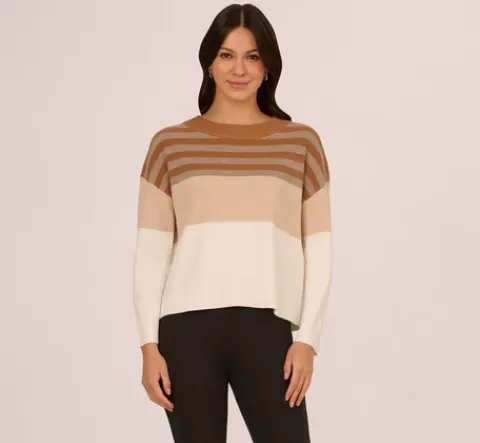 Adrianna Papell Drop Shoulder Boat Neck Color Blocked Sweater In Camel Ht Oatmeal Block Multi CAMEL-HTOATMEALBLOCKMULTI Store