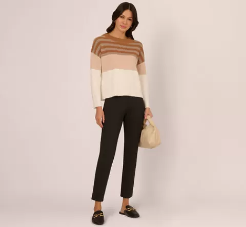 Adrianna Papell Drop Shoulder Boat Neck Color Blocked Sweater In Camel Ht Oatmeal Block Multi CAMEL-HTOATMEALBLOCKMULTI Store