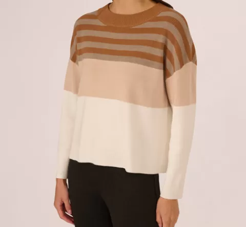 Adrianna Papell Drop Shoulder Boat Neck Color Blocked Sweater In Camel Ht Oatmeal Block Multi CAMEL-HTOATMEALBLOCKMULTI Store