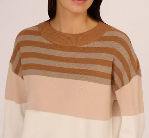 Adrianna Papell Drop Shoulder Boat Neck Color Blocked Sweater In Camel Ht Oatmeal Block Multi CAMEL-HTOATMEALBLOCKMULTI Store