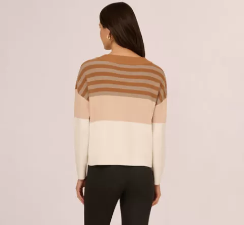 Adrianna Papell Drop Shoulder Boat Neck Color Blocked Sweater In Camel Ht Oatmeal Block Multi CAMEL-HTOATMEALBLOCKMULTI Store